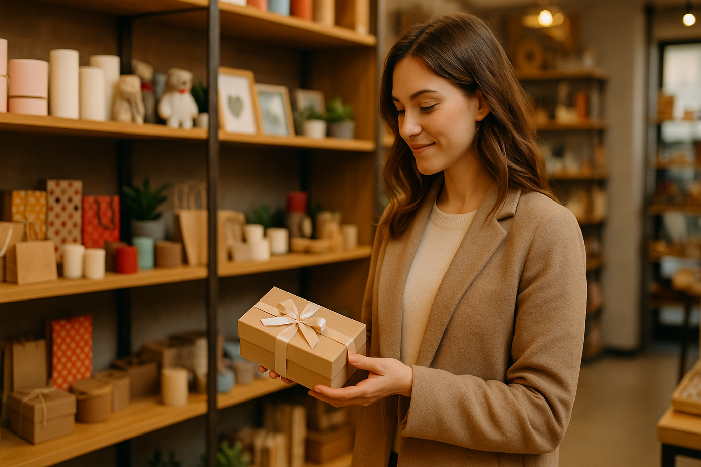 Egy ember ajándékot választ egy ajándékbolt polcai előtt, kezében díszdobozzal, meleg fényű, lifestyle fotó.