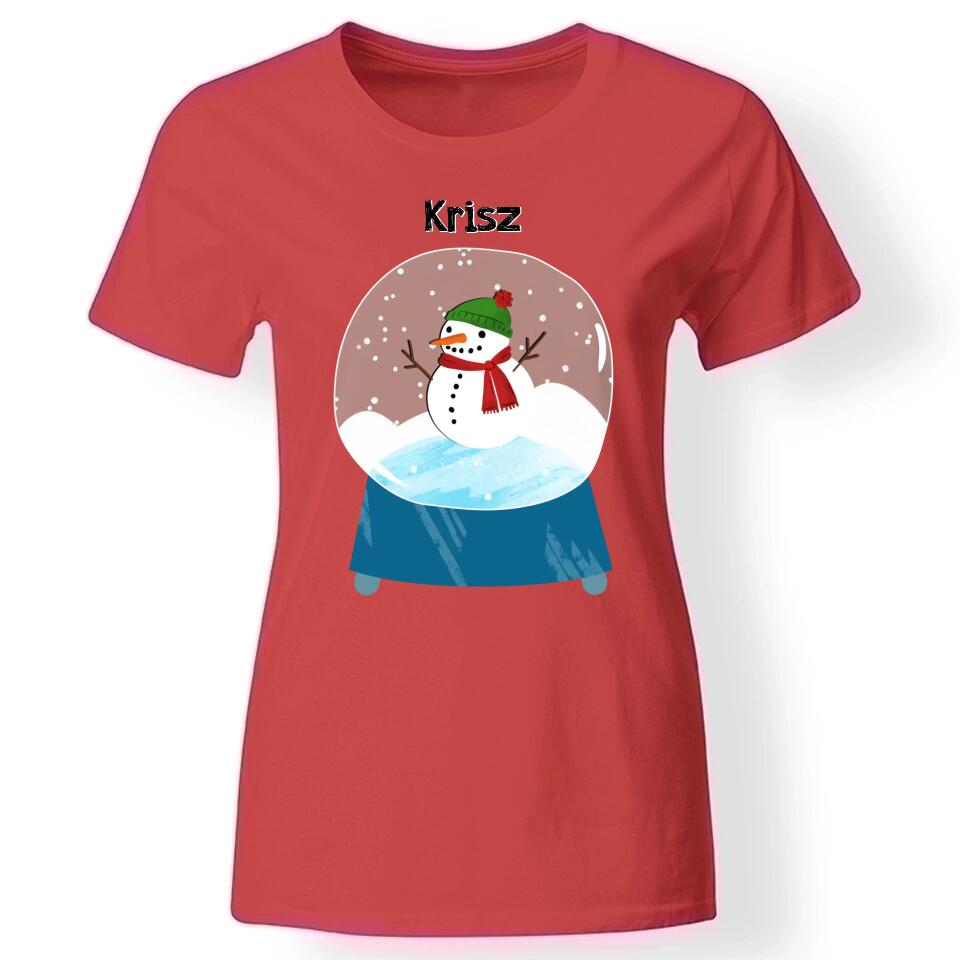 Karácsonyi hógömbös női póló piros