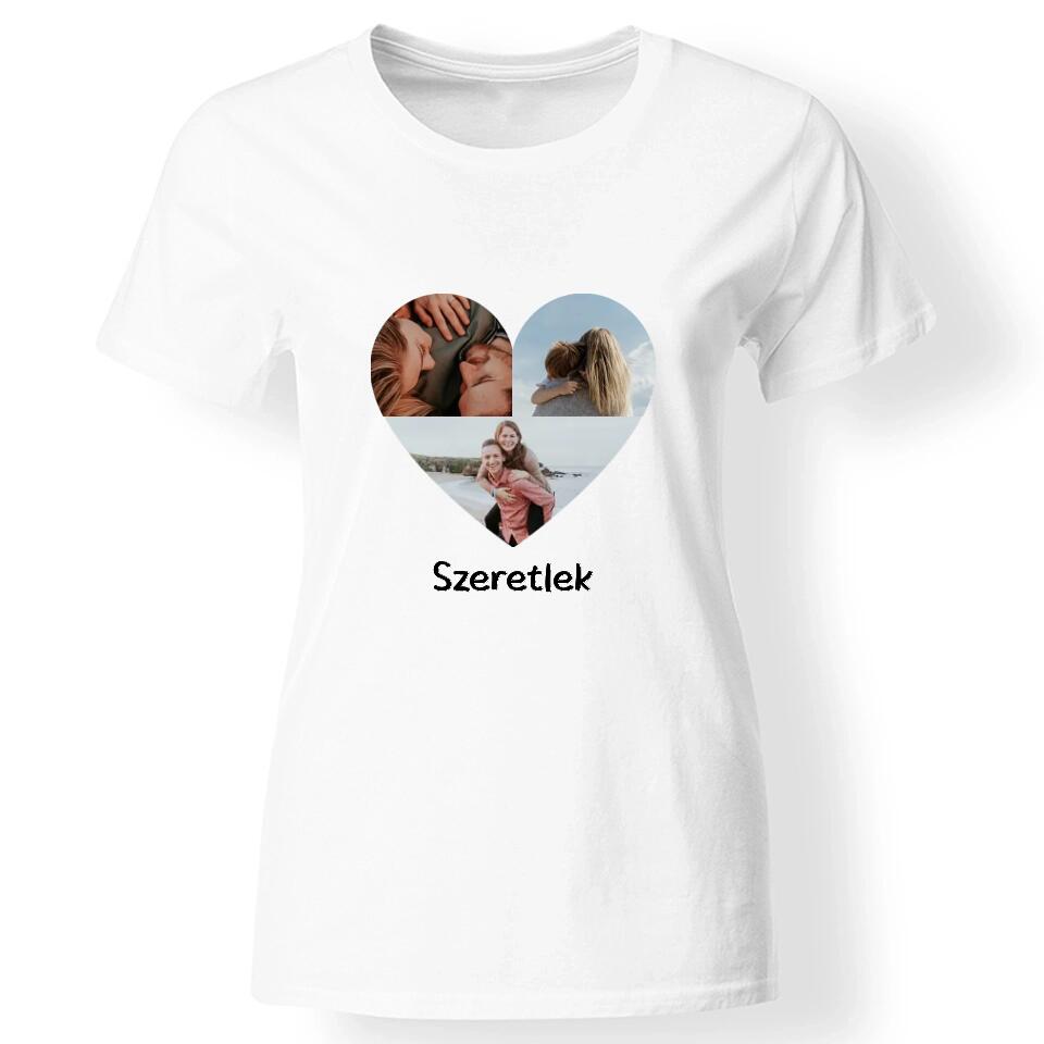 Egyedi szív 3 képes női póló fehér