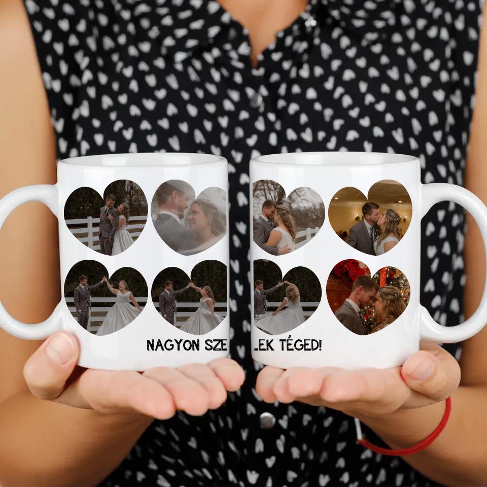 Bögre szív alakú képekkel és felirattal