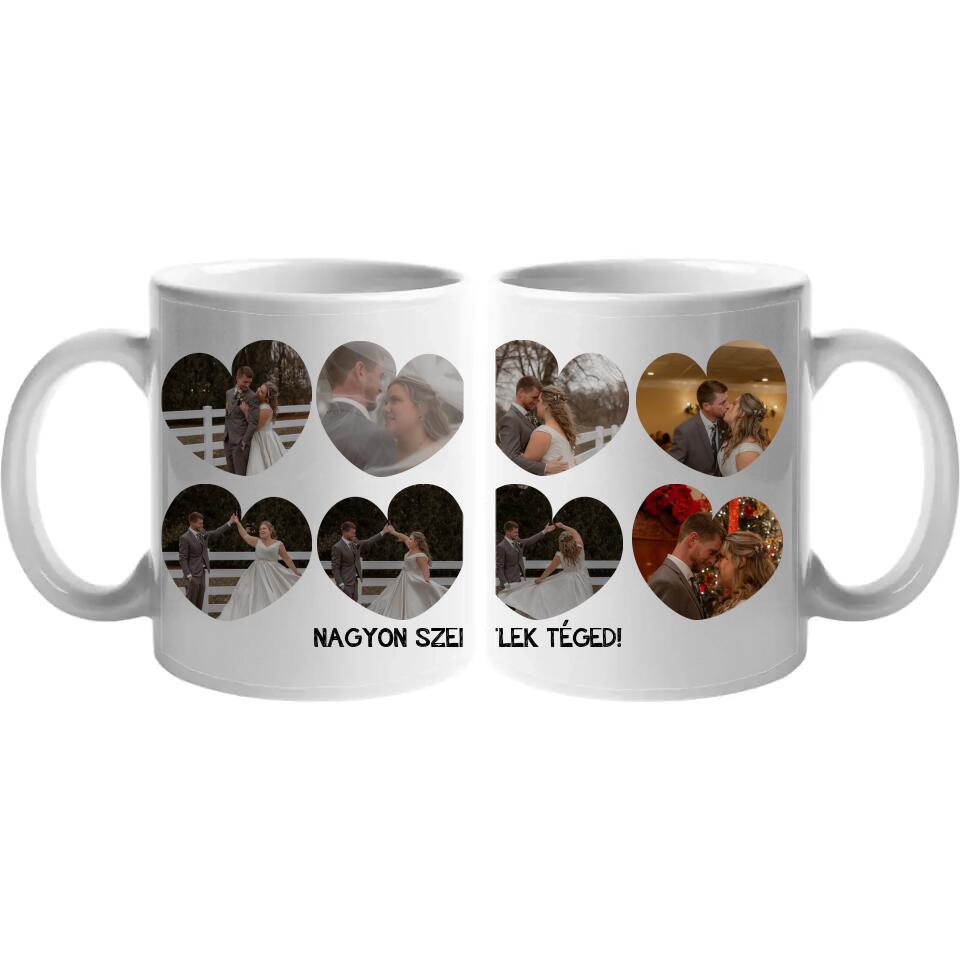 Bögre szív alakú képekkel és felirattal