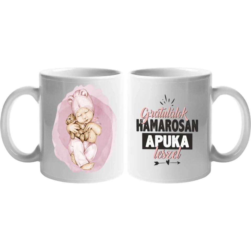 Egyedi bababejelentő bögre gratulálok felirattal