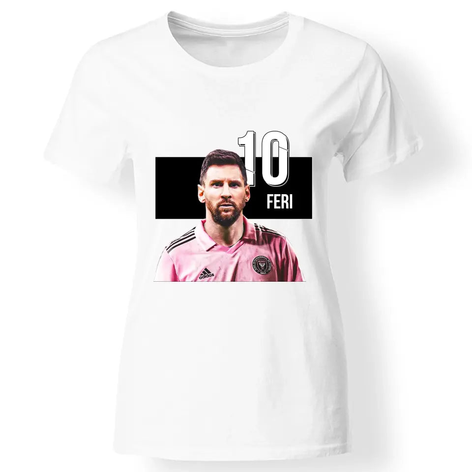 Egyedi Messi Miami póló nőknek fehér
