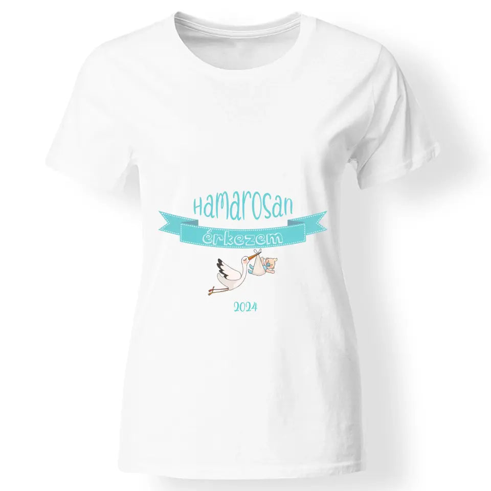 Hamarosan érkezem kismama póló fehér