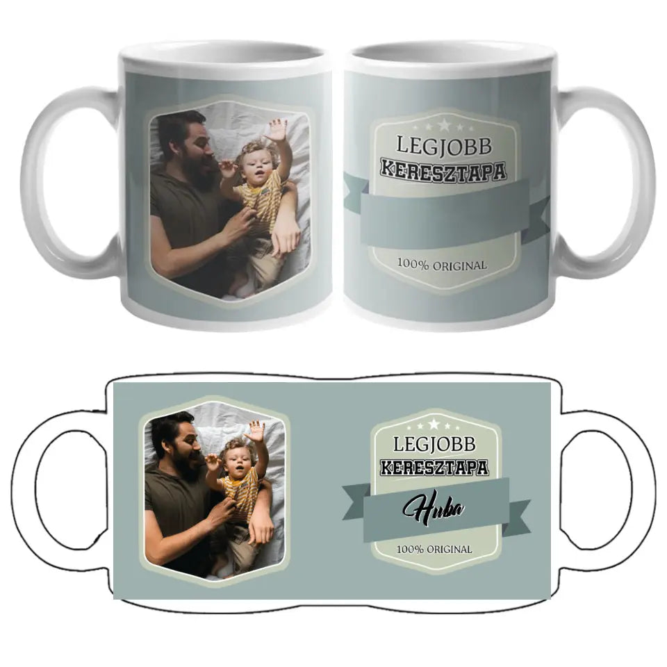 Egyedi fényképes ajándék bögre Legjobb Keresztapa felirattal és választható névvel