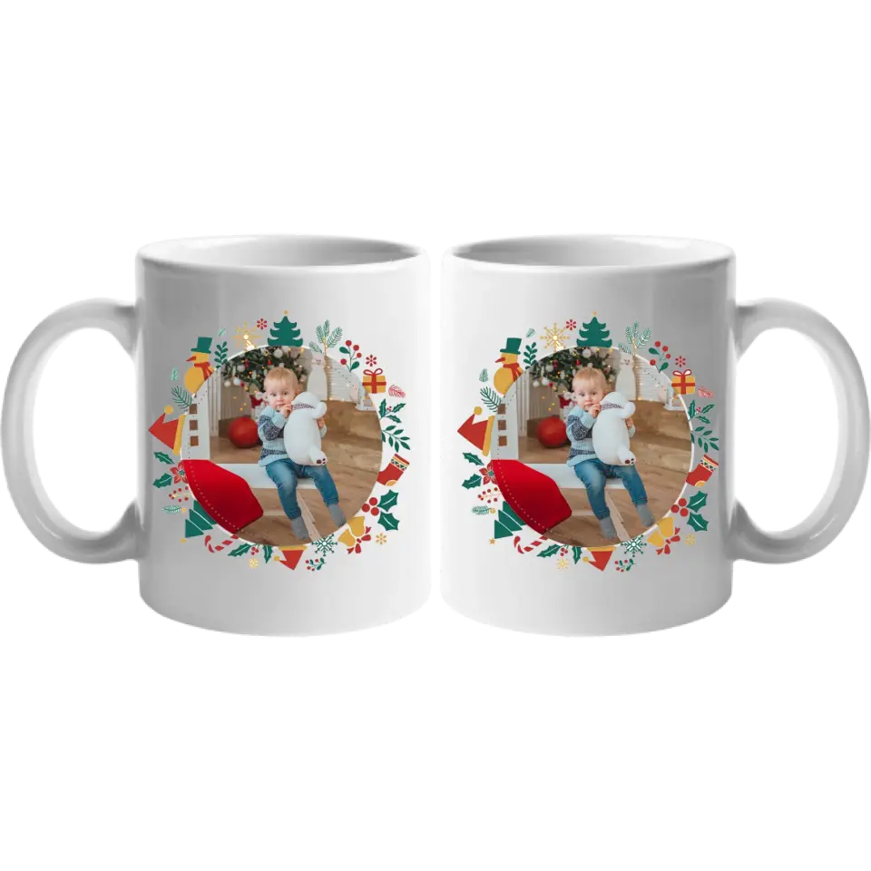 Karácsonyi ajándék bögre egyedi képpel kör alakú keretben