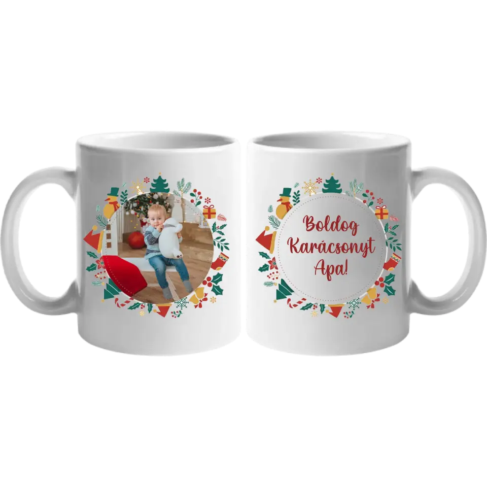 Karácsonyi bögre egyedi képpel és felirattal kör alakú keretben