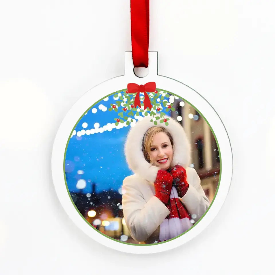 Egyedi képes kerek karácsonyfadísz keretben