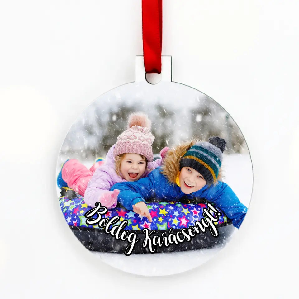 Egyedi fényképes kerek karácsonyfadísz