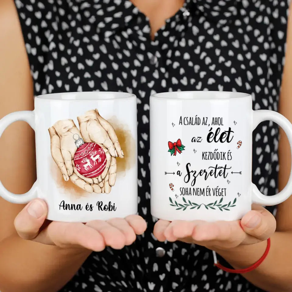 Karácsonyi kéz a kézben bögre egyedi felirattal