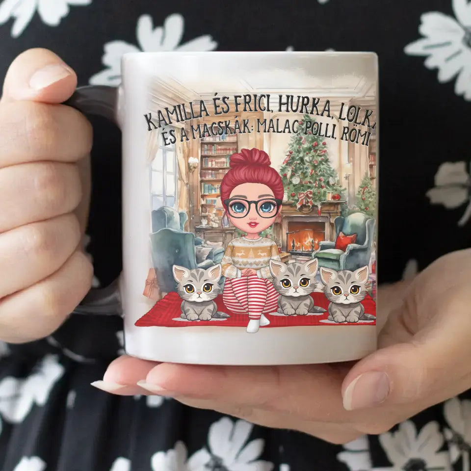 Karácsonyi gazdi macskákkal ajándék bögre választható fiú és lány karakterrel