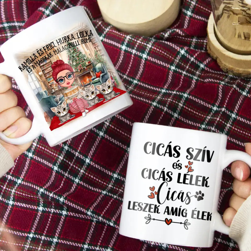 Karácsonyi gazdi macskákkal ajándék bögre választható fiú és lány karakterrel