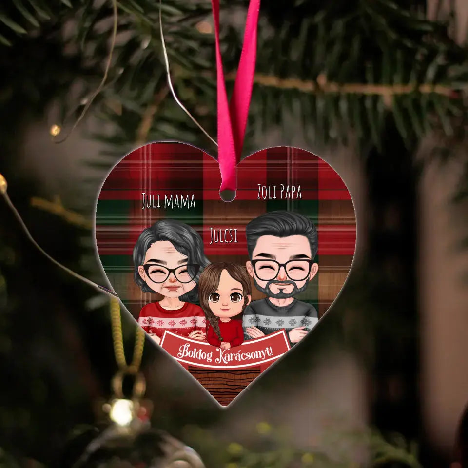 Szerkeszthető karakteres szív alakú egyedi karácsonyfadísz nagyszülőknek