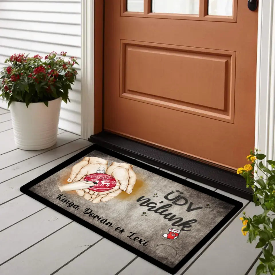 Karácsonyi kéz a kézben lábtörlő manccsal és felirattal