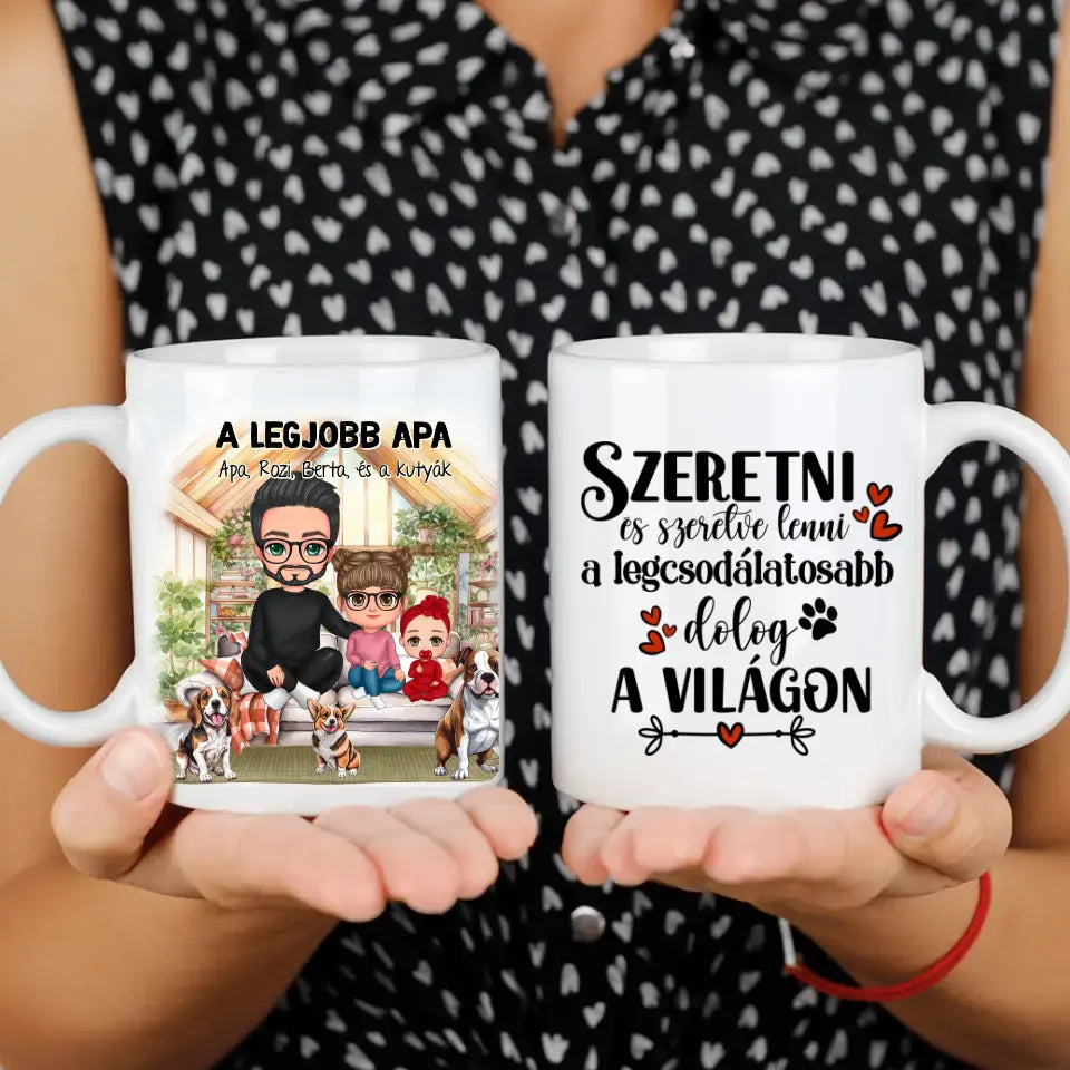 Egyedi ajándék bögre személyre szabható karakterekkel - cuki család Apával és kutyákkal