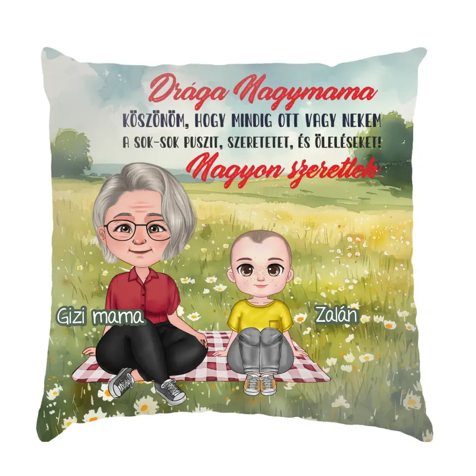 Drága Nagymama egyedi anyák napi ajándék cuki karakteres telinyomatos FullPrint párna
