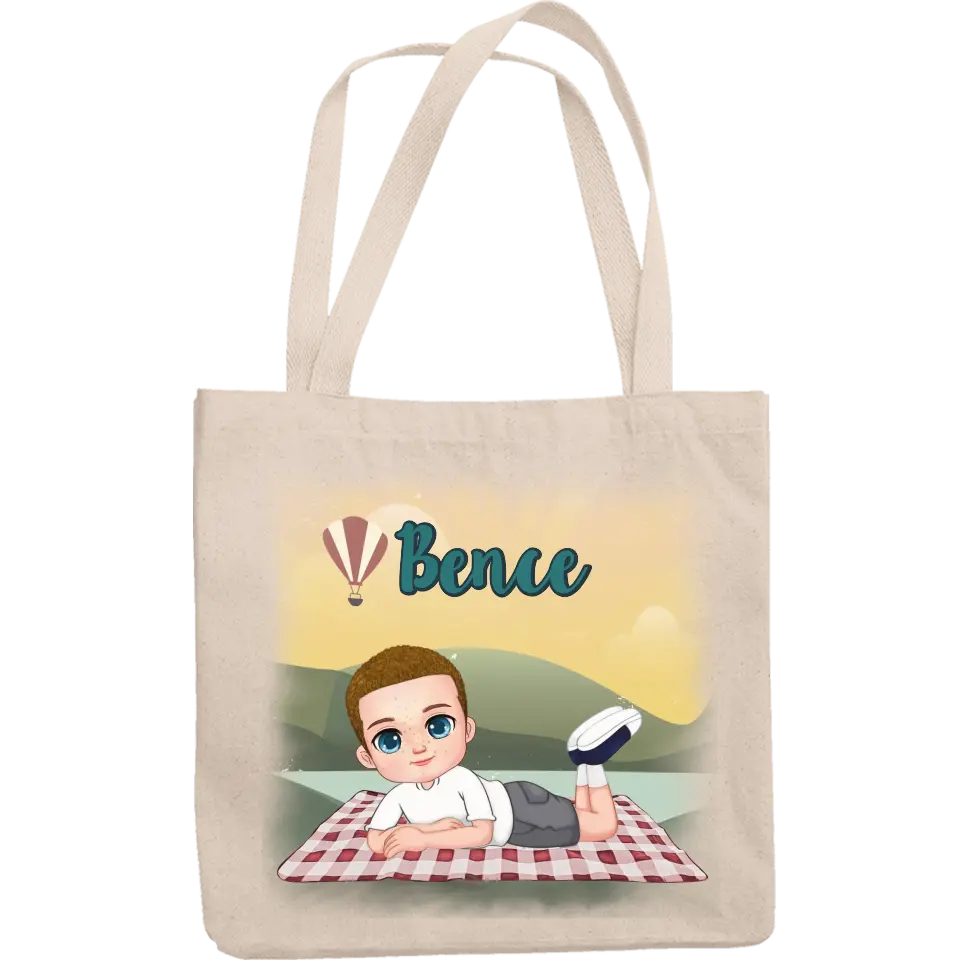 Szerkeszthető karakteres egyedi ajándék vászontáska gyerekeknek kisfiús mintával