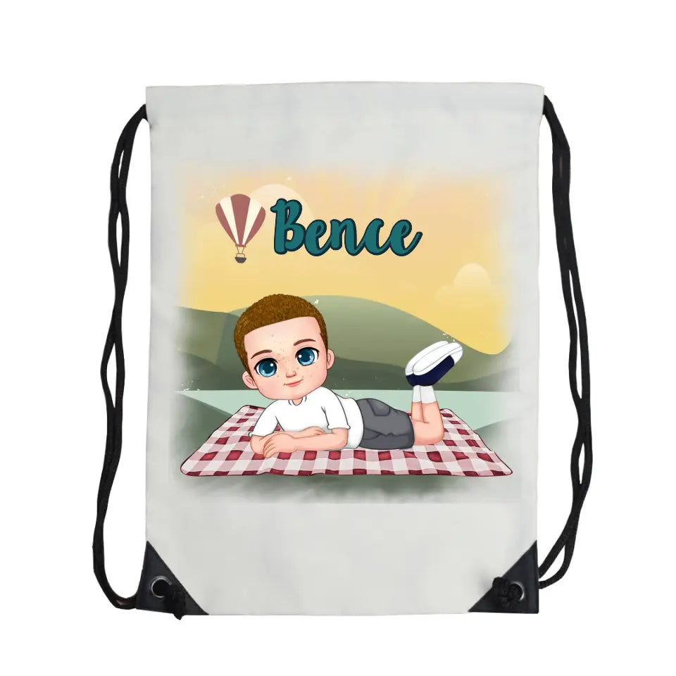 Szerkeszthető karakteres egyedi ajándék tornazsák gyerekeknek kisfiús mintával