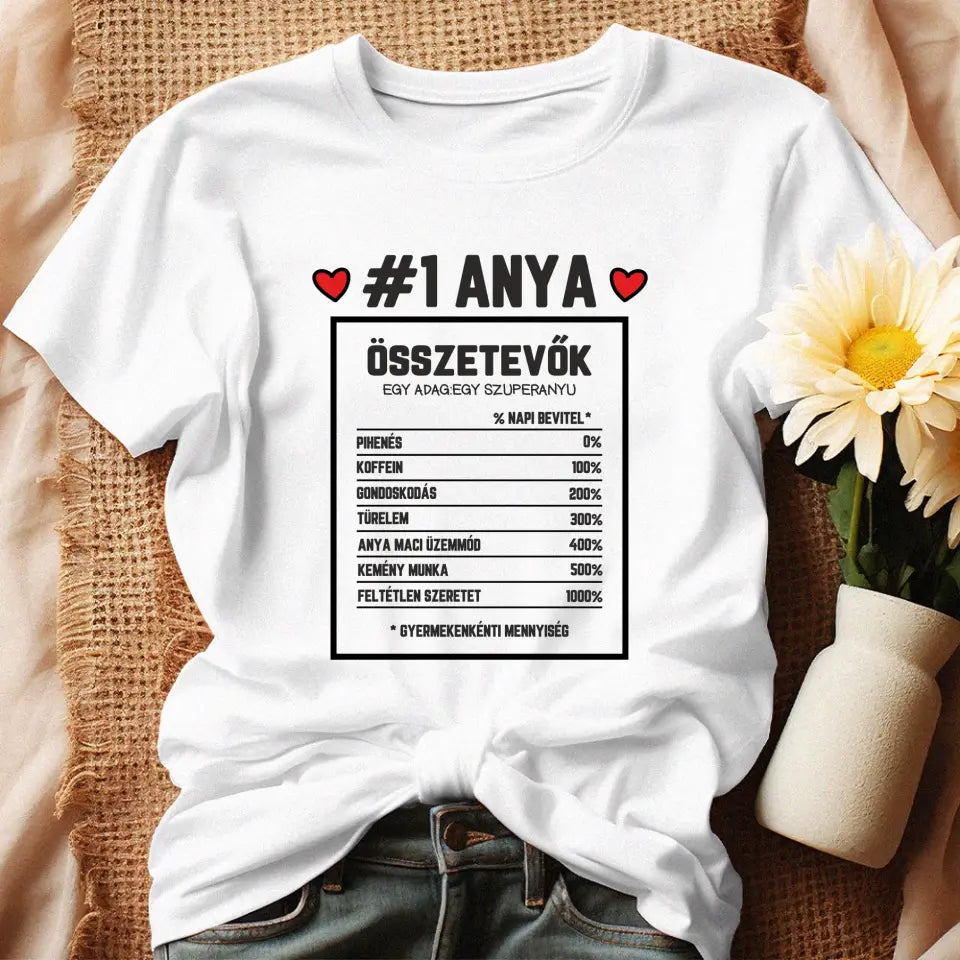 Egyedi ajándék anyukáknak - Anya összetevői póló fehér