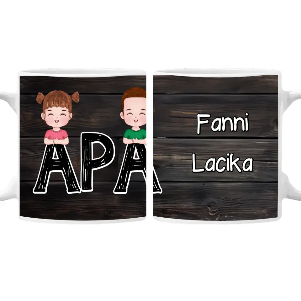 Szerkeszthető cuki karakteres egyedi ajándék bögre Apa felirattal