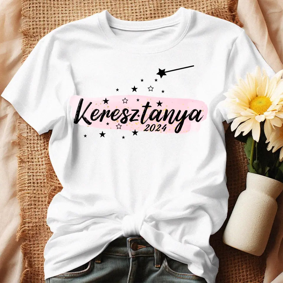 Szerkeszthető keresztanya feliratos ajándék póló dátummal