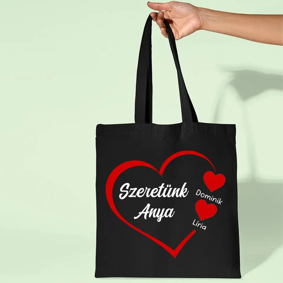 Szeretünk Anya feliratos vászontáska egyedi névvel