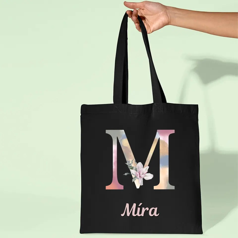 Virággal díszített monogramos vászontáska