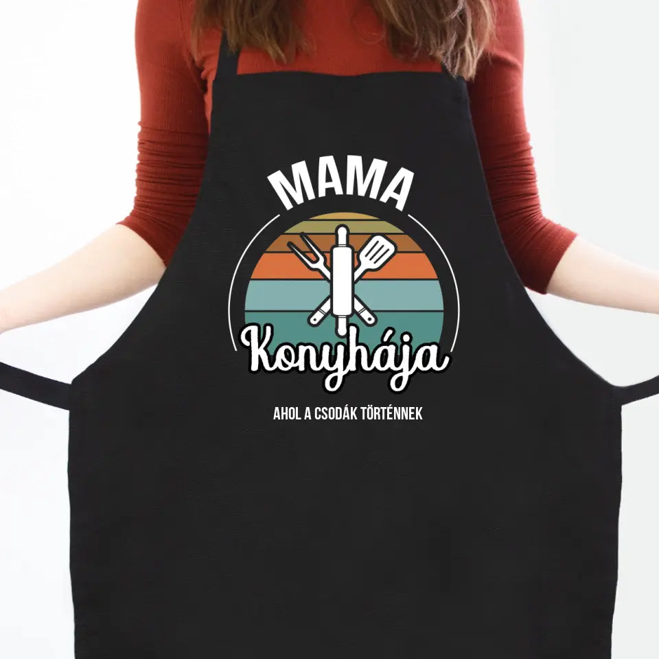 Mama konyhája fekete kötény szerkeszthető felirattal