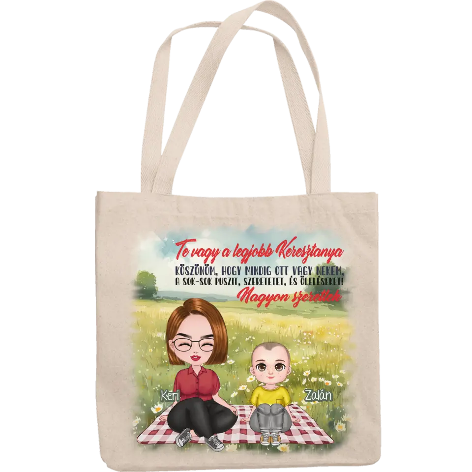 Te vagy a legjobb Keresztanya cuki karakteres egyedi anyák napi ajándék vászontáska