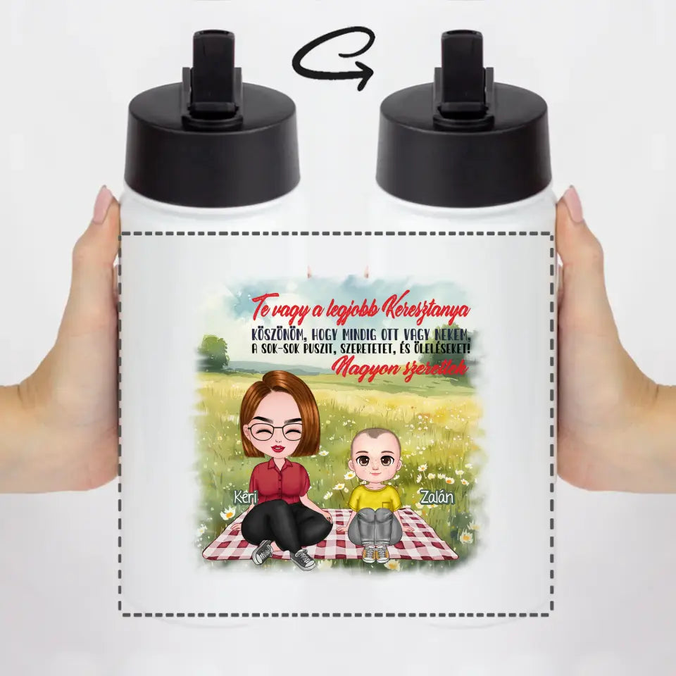 Te vagy a legjobb Keresztanya cuki karakteres egyedi anyák napi ajándék szívószálas kulacs
