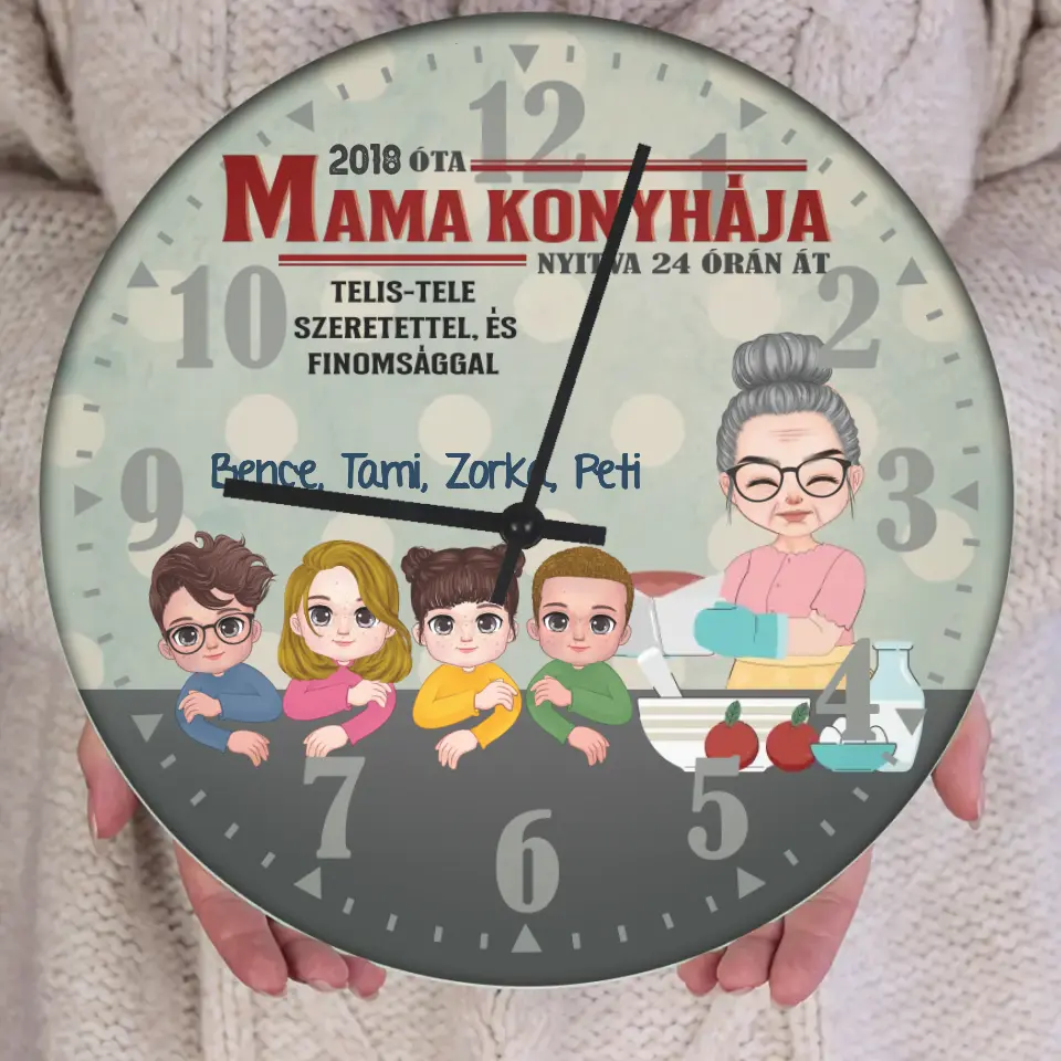 Mama konyhája falióra- személyre szabható ajándék nagymamáknak unokákkal