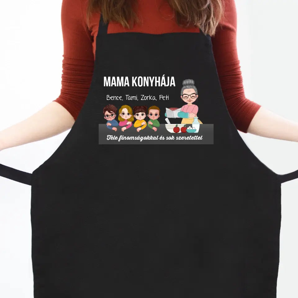 Mama konyhája egyedi fekete kötény