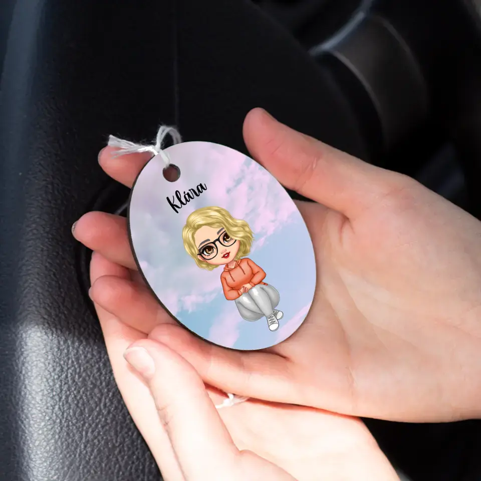 Cuki lány szerkeszthető karakteres ovális visszapillantó ajándék dísz egyedi névvel vagy felirattal