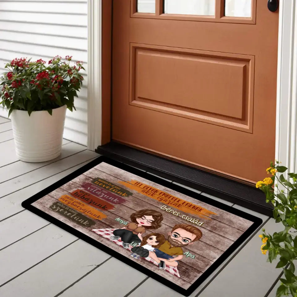 Egyedi karakteres családi ajándék lábtörlő - itt olyan emberek laknak