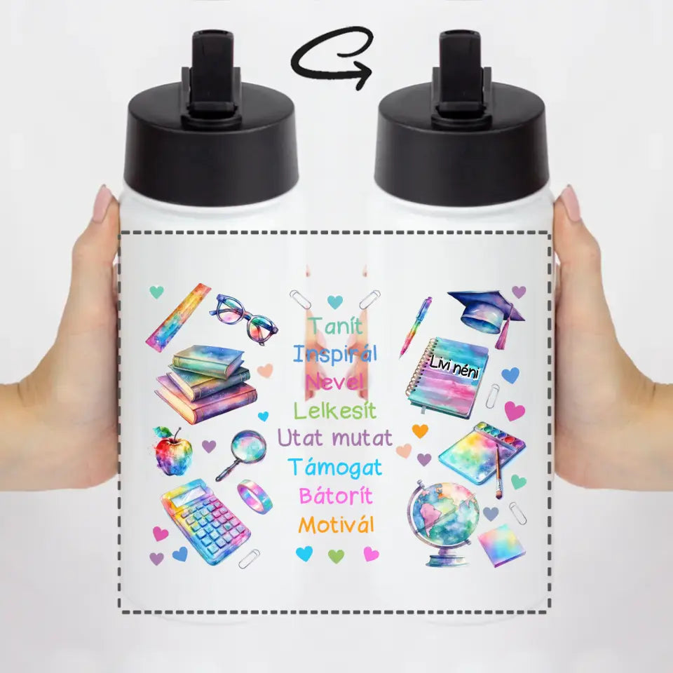 Szívószálas szerkeszthető egyedi ajándék kulacs tanárnőknek