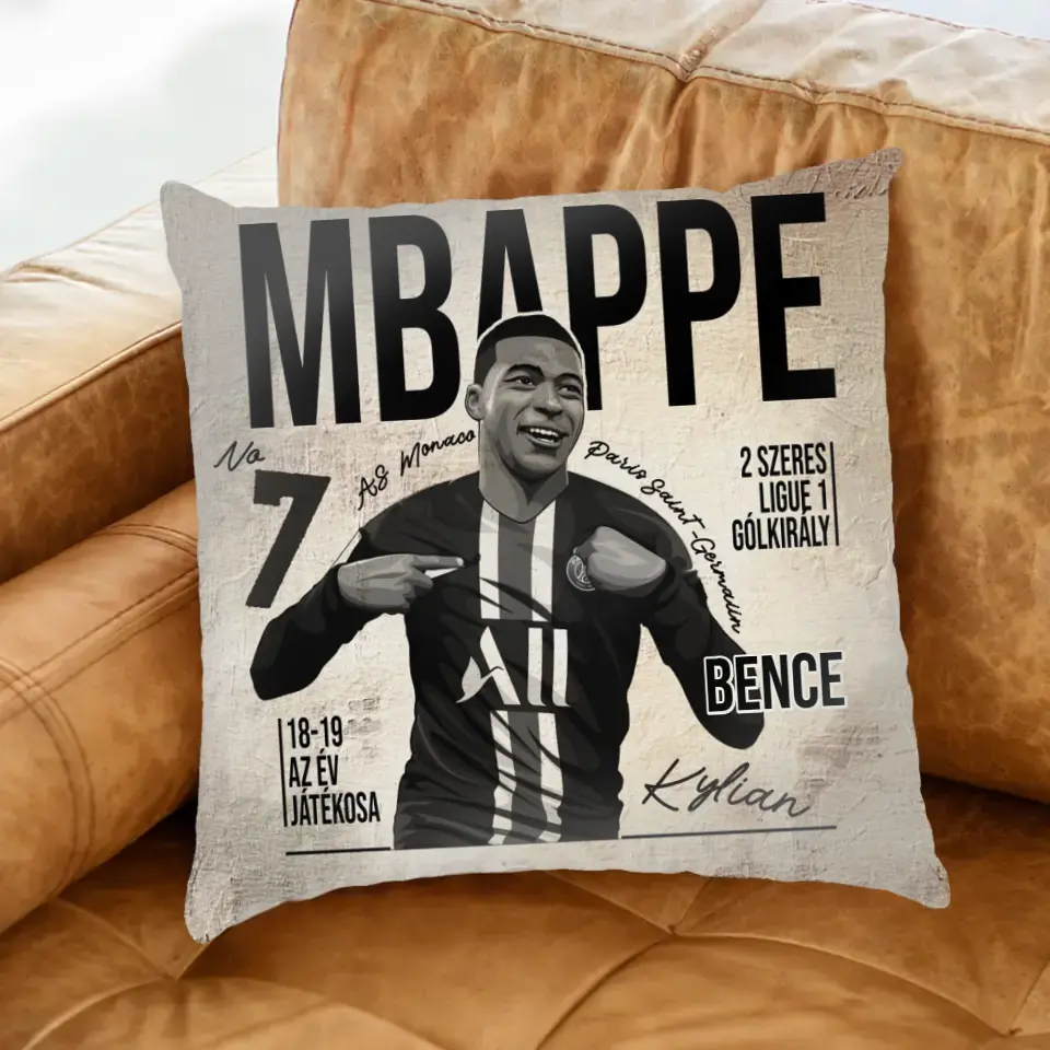 Személyre szabható MBappe focis ajándék párna gyerekeknek - egyedi névvel