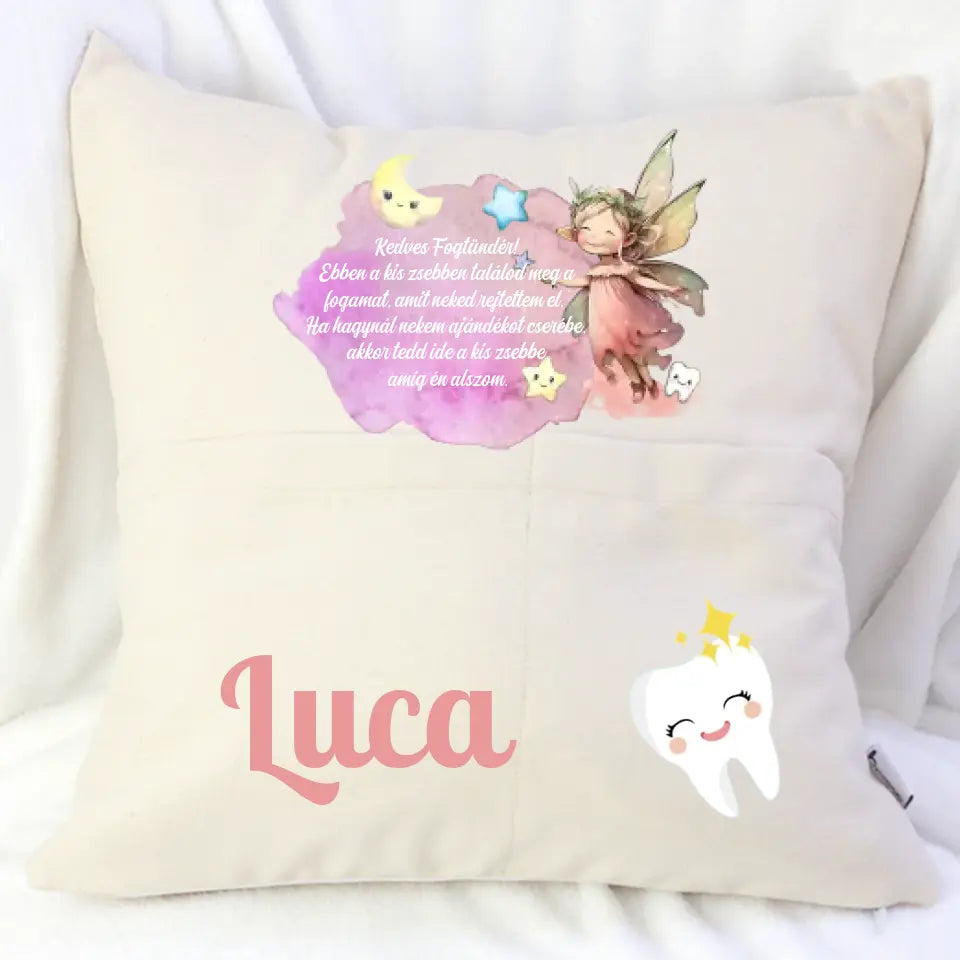 Fogtündéres zsebes párna egyedi névvel gyerekeknek