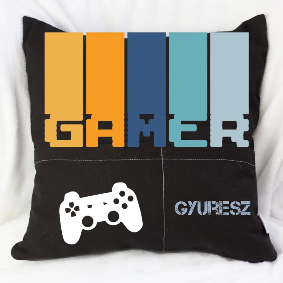 Egyedi neves gamer feliratos zsebes párna a legnagyobb játékosoknak