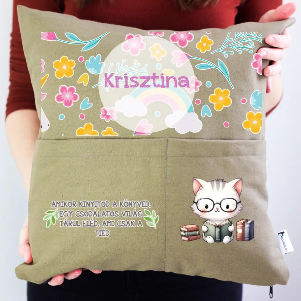 Személyre szabható olvasós zsebes párna Lányoknak egyedi névvel