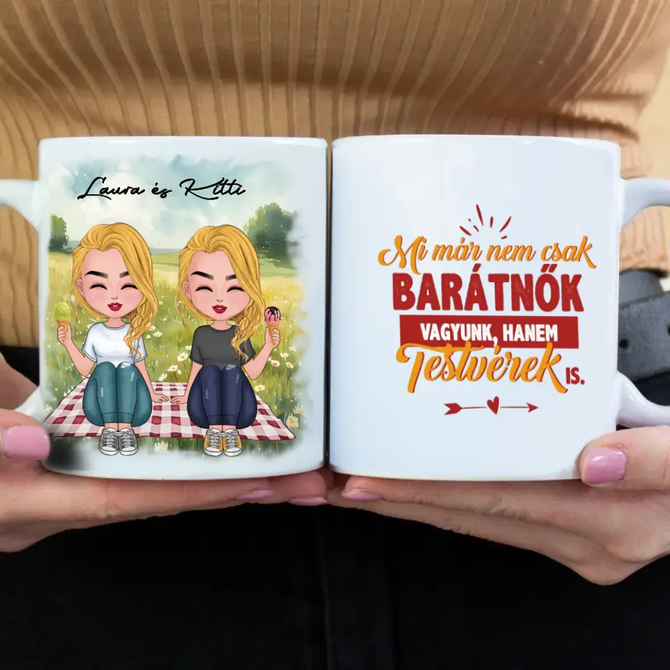 Csukottszemű cuki barátnős egyedi ajándék bögre választható karakterekkel