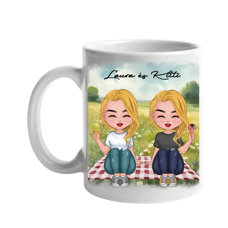 Csukottszemű cuki barátnős egyedi ajándék bögre választható karakterekkel