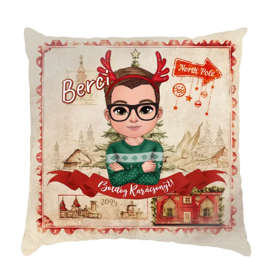 Személyre szabható karácsonyi ajándék párna fiúknak fullprint nyomattal