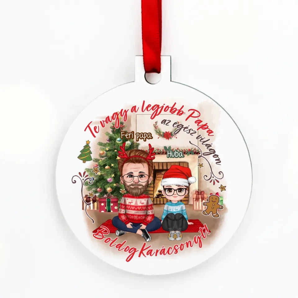 Egyedi karácsonyi ajándék nagyszülőknek - cuki karakteres legjobb papa karácsonyfadísz fehér alapon