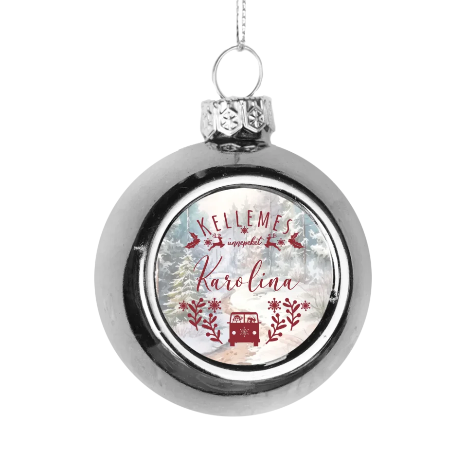 Karácsonyi ezüst gömbdísz saját névvel és illusztrációval