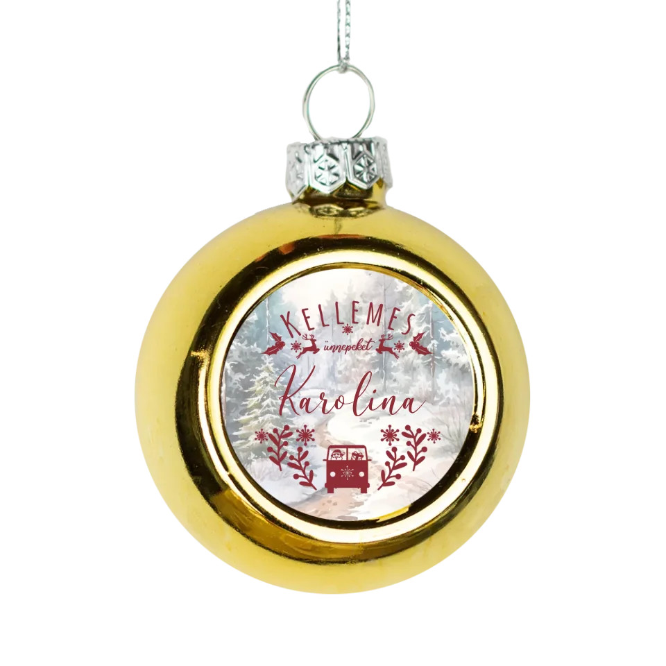 Karácsonyi arany gömbdísz saját névvel és illusztrációval