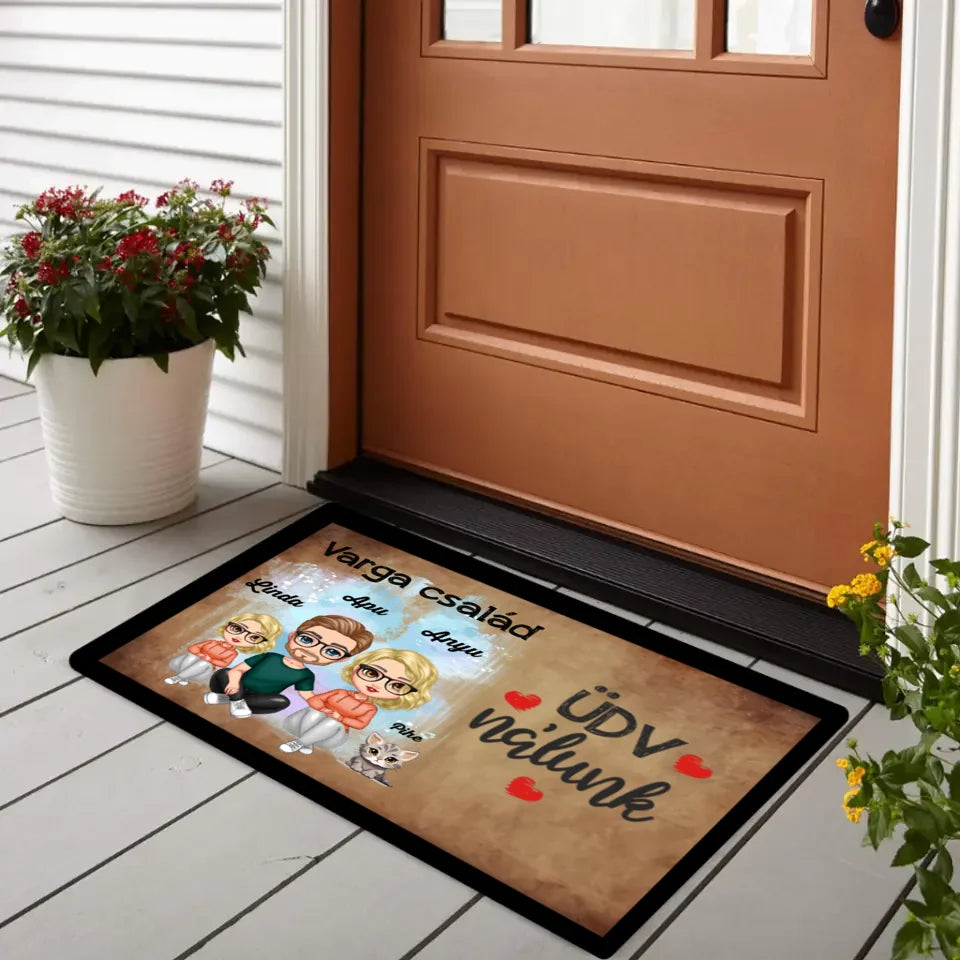 Szerkeszthető család karakteres lábtörlő cicával