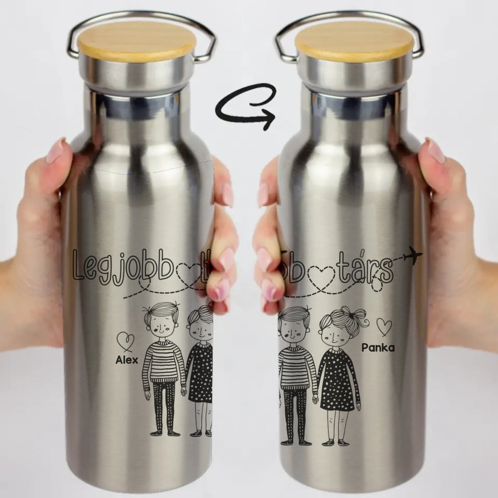 Legjobb társ ezüst színű bambusz fedeles kulacs egyedi nevekkel