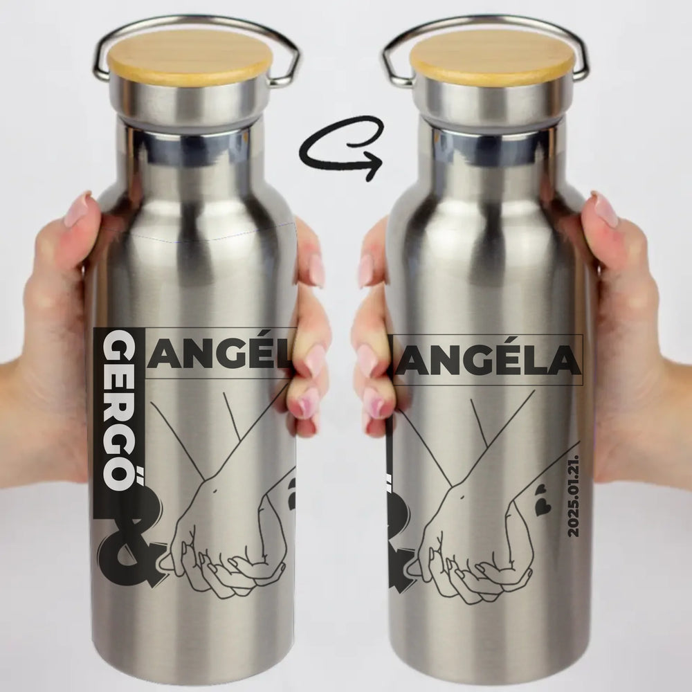 Évfordulós ezüst színű bambusz fedeles kulacs pároknak