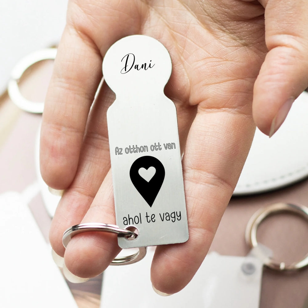 Az otthon ott van bevásárlókocsi érme kulcstartó egyedi névvel