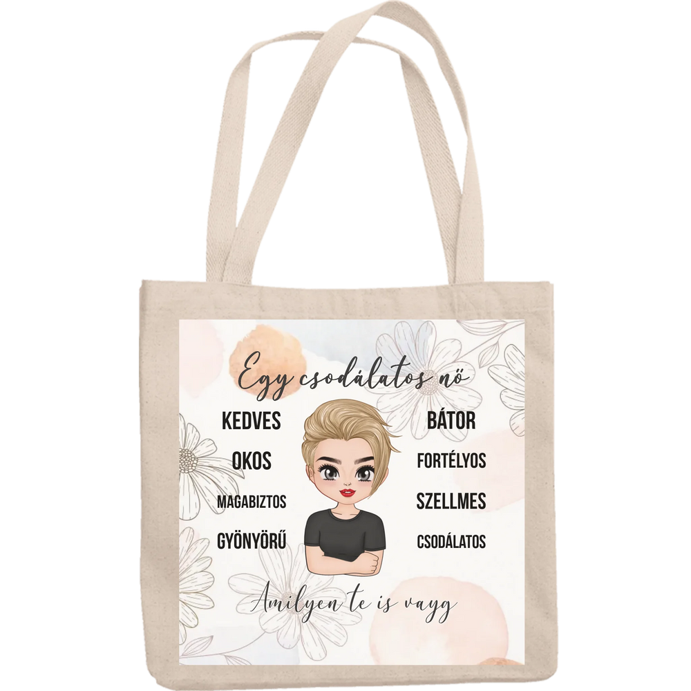 Nőket jellemző vászontáska egyedi feliratokkal
